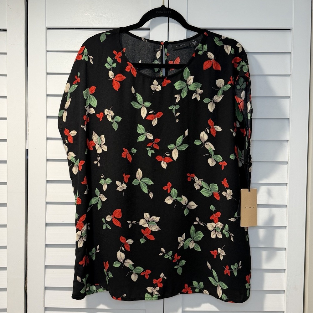 Halogen Simple Floral Blouse XL Black Crepe Leaf Print Cap Sleeve NEW